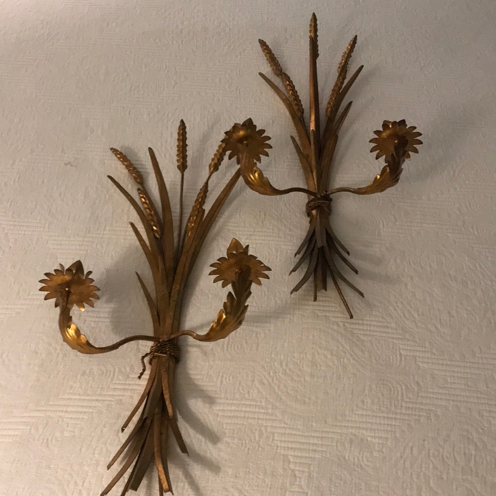 Vintage Gold Tole Italy Metal Wheat Candle Sconces French Country